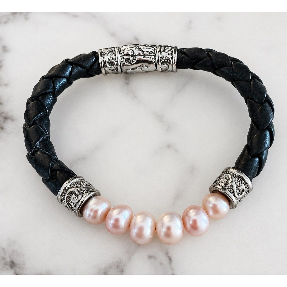 Black Braided Faux Leather Bracelet Magnetic Light Pink Pearls Contemporary